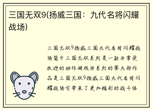 三国无双9(扬威三国：九代名将闪耀战场)